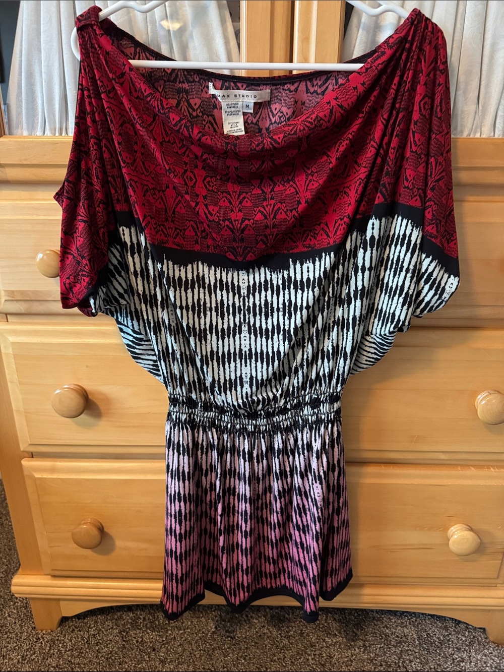 Max Studio One-Shoulder Patterned Dress in Red, Black, White, Pink Ombre